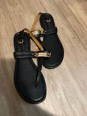 Coach Black and Tan T-Strap Sandals with Gold Hardware leather